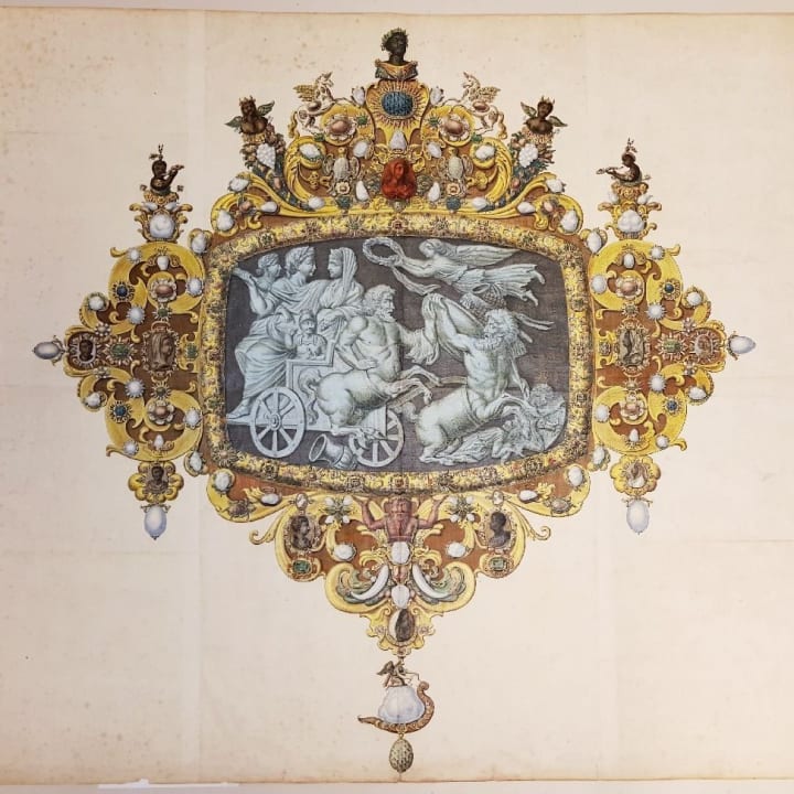 An 18th-century sketch of the 'Gemma Constantiniana' with its elaborate gilded frame