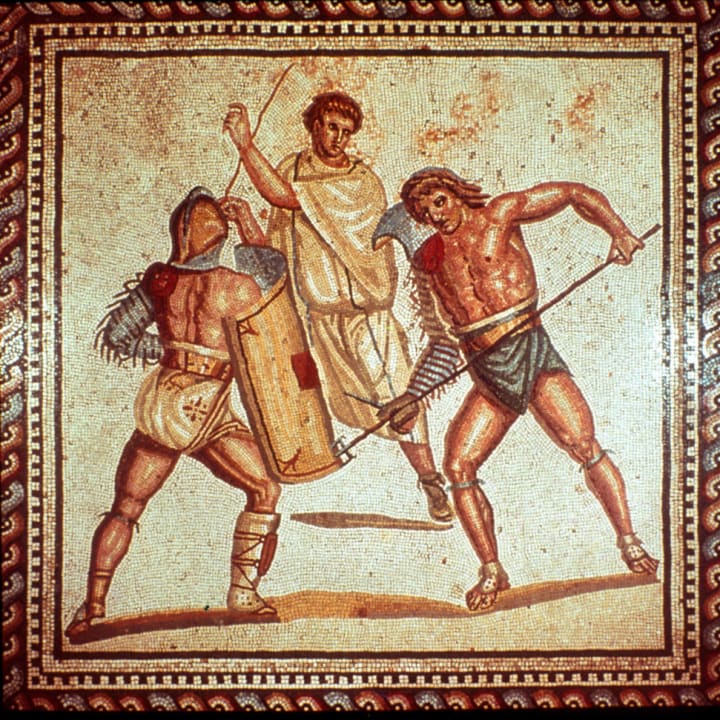 Gladiators in the arena, Roman mosaic, Saarbrucken, Germany.