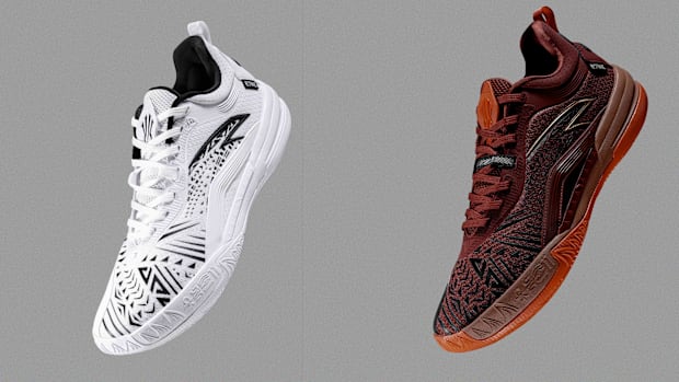 Kyrie Irving's white and red sneakers.