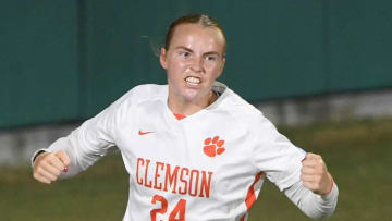 November, 17, 2023; Pickens County, South Carolina, USA; Clemson defender Megan Bornkamp celebrates a goal against Columbia University during the first half of action at Historic Riggs Field in Clemson, S.C. Friday, November 17, 2023. Mandatory Credit: Ken Ruinard-USA TODAY NETWORK
