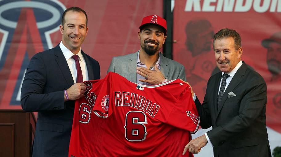 From left, former Angels GM Billy Eppler, third baseman Anthony Rendon and owner Arte Moreno