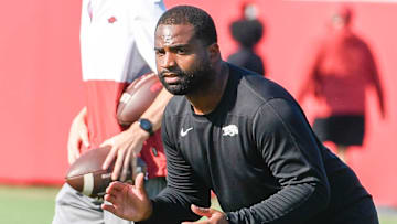 Arkansas Razorbacks cornerback coach Deron Wilson during fall practices on the outdoor fields in Fayetteville, Ark.