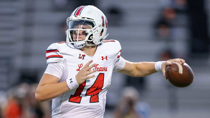 Austin Lake Travis quarterback Luke McBride looks to pass the ball in a game against Rockwall earlier this year. Austin Lake Travis quarterback Luke McBride looks to pass the ball in a game against Rockwall earlier this year.