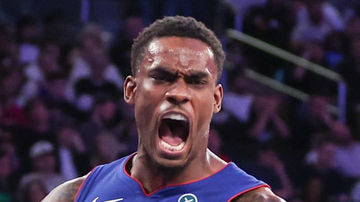 Apr 19, 2025; New York, New York, USA; Detroit Pistons center Jalen Duren (0) : Wendell Cruz-Imagn Images