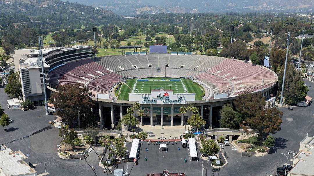 May 2, 2026; Pasadena, CA, USA; A general overall aerali view of the Rose Bowl. Mandatory Credit: Kirby Lee-Imagn Images