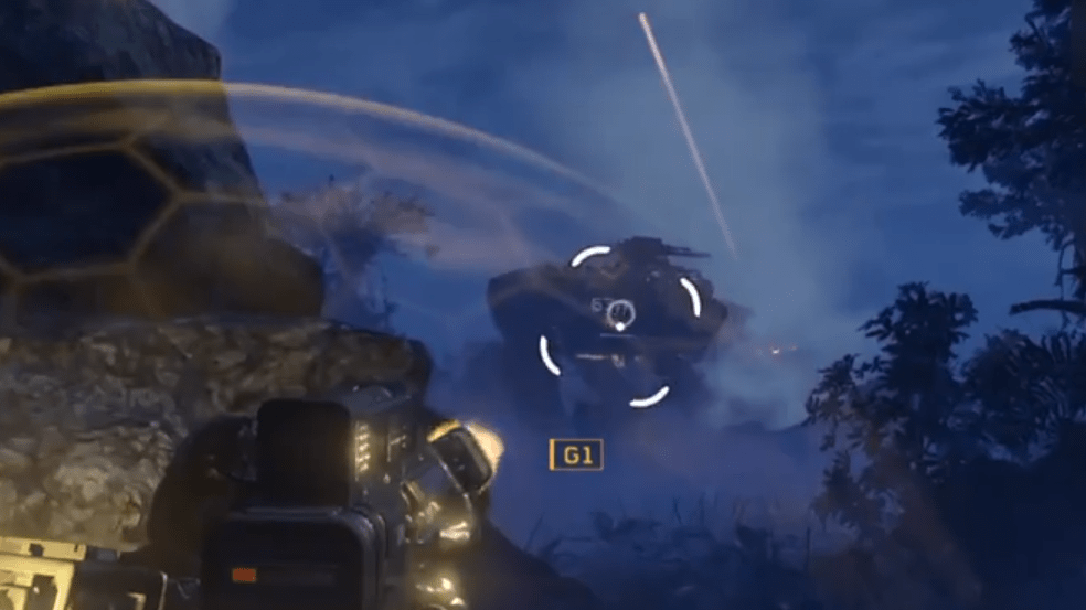 Helldivers 2 screenshot showing an Automaton walker in the crosshairs of a player.