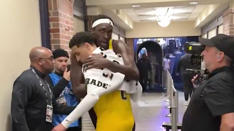 Tyrese Haliburton and Pascal Siakam embrace after Indiana steals Game 1 from the Thunder.  | @ESPN