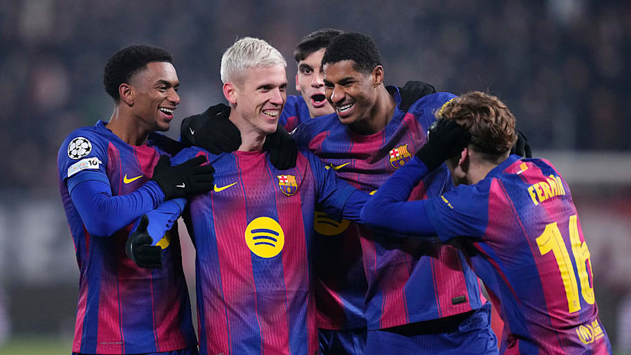 Barcelona players celebrating.
