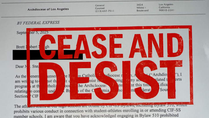 The Catholic Archdiocese of Los Angeles sent a cease and desist letter to Brett Steigh, the 'Money Man', this week asking him to stay away from all catholic high schools and sports programs. The Catholic Archdiocese of Los Angeles sent a cease and desist letter to Brett Steigh, the 'Money Man', this week asking him to stay away from all catholic high schools and sports programs.