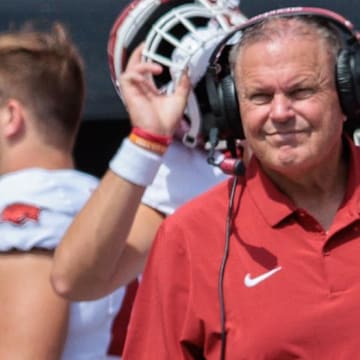 Arkansas Razorbacks coach Sam Pittman on the sidelines during the third quarter against the Oklahoma State Cowboys at Boone Pickens Stadium. 