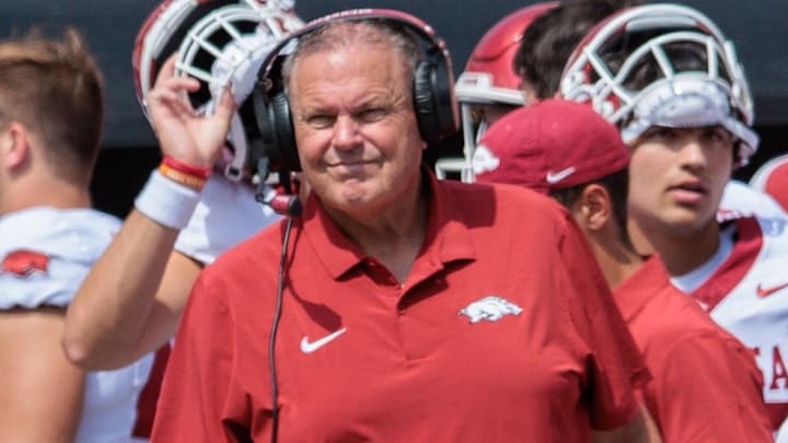 Arkansas Razorbacks coach Sam Pittman on the sidelines during the third quarter against the Oklahoma State Cowboys at Boone Pickens Stadium. 