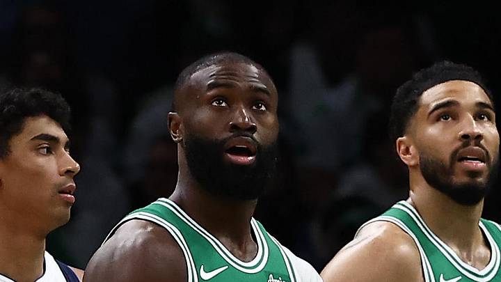 Mar 6, 2026; Boston, Massachusetts, USA; Boston Celtics guard Jaylen Brown (7) and forward Jayson Tatum (0) watch the Jumbotron during the second quarter against the Dallas Mavericks at TD Garden. Mandatory Credit: Winslow Townson-Imagn Images