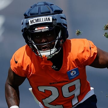 Jul 24, 2025; Englewood, CO, USA; Denver Broncos cornerback Ja'Quan McMillian (29) during Denver Broncos Training Camp. 