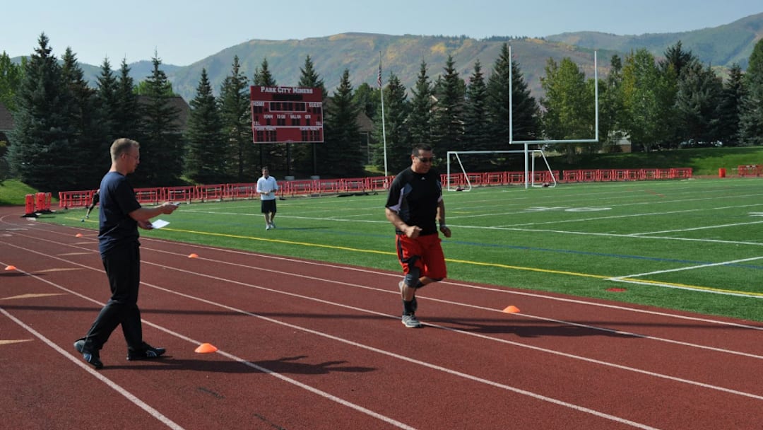 Joe Sanchez performing a timed run. Having lived with the fear of running for two decades, he put that all behind him after prosthetic improvements helped him regain his athletic confidence.