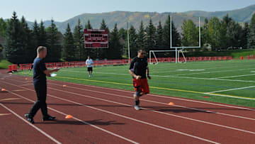 Joe Sanchez performing a timed run. Having lived with the fear of running for two decades, he put that all behind him after prosthetic improvements helped him regain his athletic confidence.