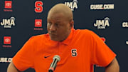 Syracuse head coach Adrian Autry fields a question at the Syracuse Orange basketball media day.