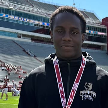 Arkansas Razorbacks linebacker JJ Shelton during his visit to Fayetteville in April 2024.