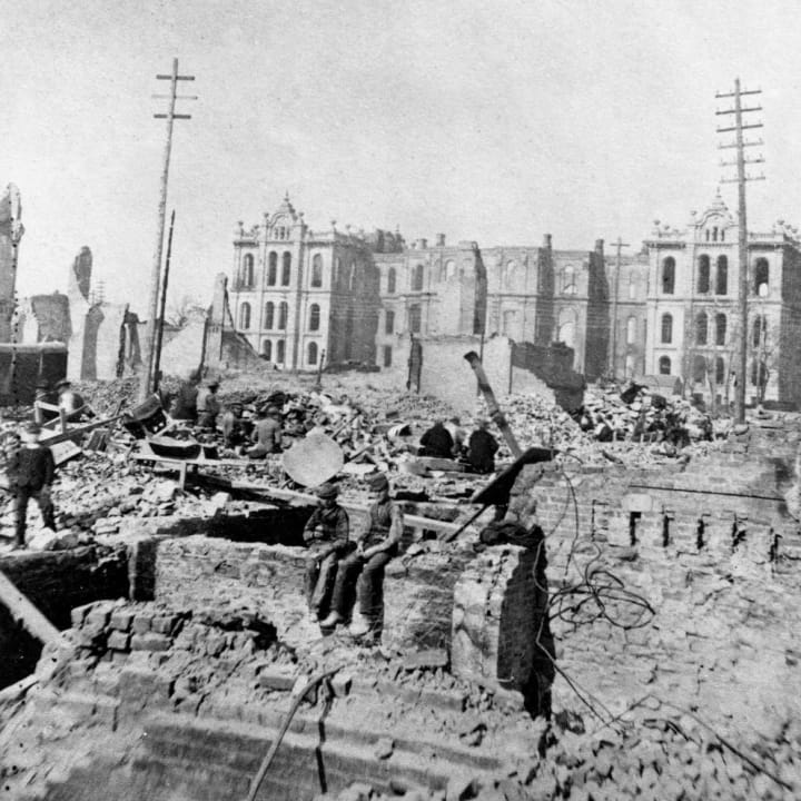 Cleanup at Clark And Madison Streets After Chicago Fire, IL, 1871.