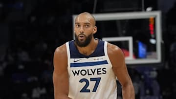 Nov 1, 2025; Charlotte, North Carolina, USA;  Minnesota Timberwolves center Rudy Gobert (27) sets the play against the Charlotte Hornets during the second half at Spectrum Center. Mandatory Credit: Jim Dedmon-Imagn Images