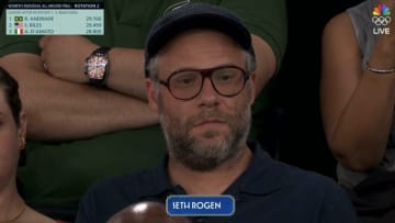 Seth Rogan is among the celebrities watching Simone Biles compete in the women's all-around final in Paris on Thursday.