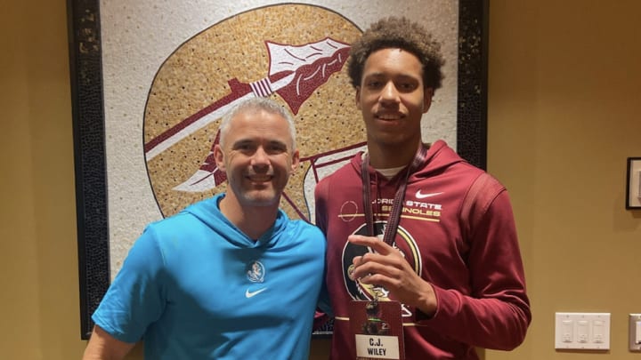 Milton (Georgia) 4-star wide receiver C.J. Wiley with Florida State coach Mike Norvell