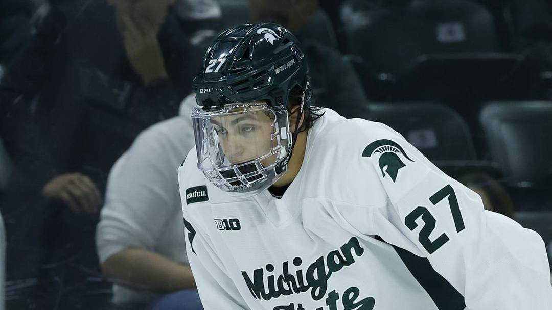 Michigan State defenseman Chase Reid awaits a faceoff during a game against Northern Michigan at Munn Ice Arena on Friday, Oct. 9, 2026 Michigan State defenseman Chase Reid awaits a faceoff during a game against Northern Michigan at Munn Ice Arena on Friday, Oct. 9, 2026