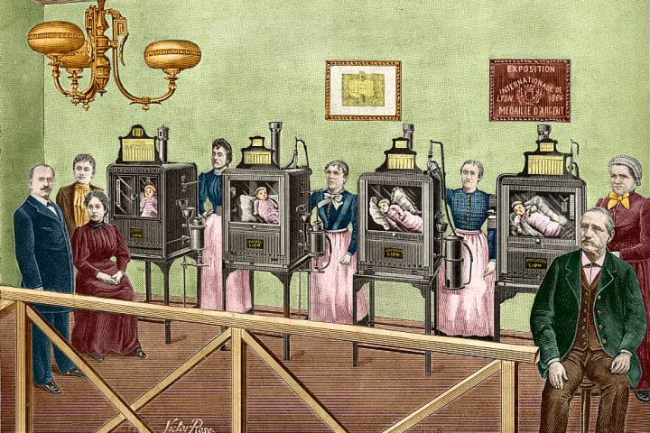 A 19th-century illustration of a baby incubator show in Paris