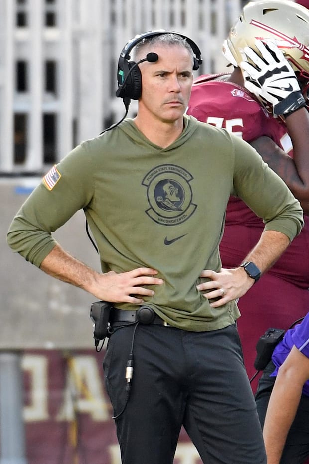Florida State Seminoles head coach Mike Norvell looks on from the sideline after the North Carolina Tarheels.