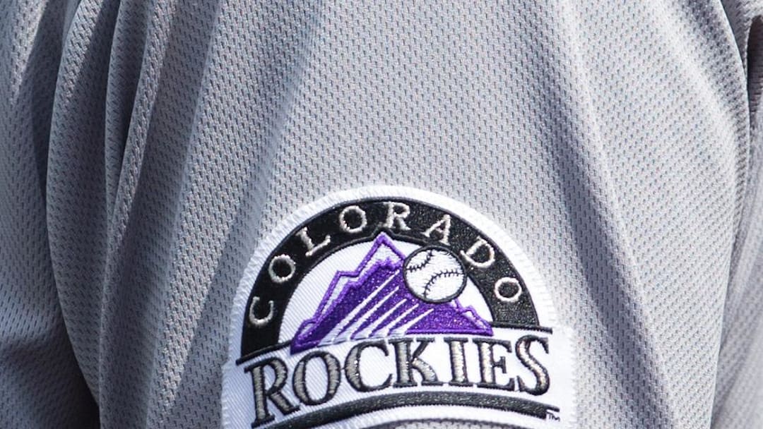 The Colorado Rockies logo on a player’s jersey. 