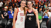 Sabrina Ionescu and Caitlin Clark take a photo together after the 2024 WNBA All-Star Game at Footprint Center.