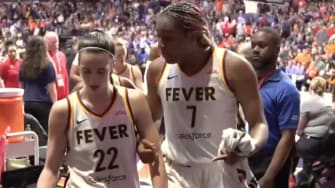 Aliyah Boston was seen coaching up Caitlin Clark as they made their way to the locker room at halftime of their game vs. the Connecticut Sun.