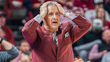 Arkansas Razorbacks coach John Calipari reacts in frustration during the Oklahoma game at Bud Walton Arena in Fayetteville, Ark.