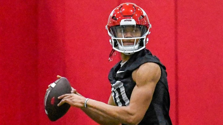 Arkansas Razorbacks quarterback Taylen Green during spring practice on the indoor field in Fayetteville, Ark.