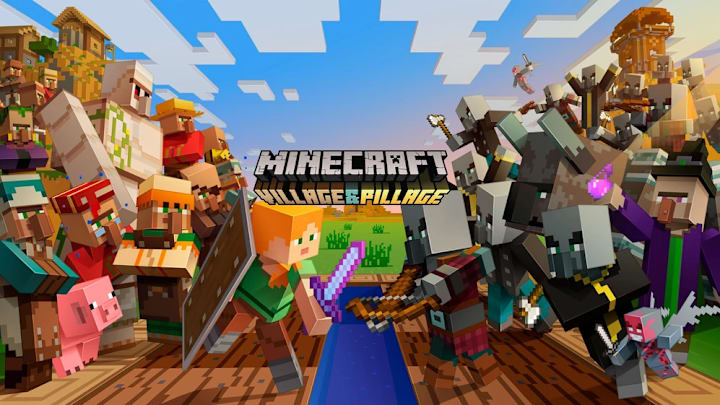 Alex, villagers, and an iron golem on the left squaring up against a horde of Pillagers on the right.