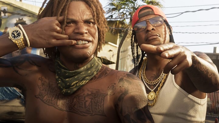 Two black men throw up signs and show off their teeth grills in GTA 6. 