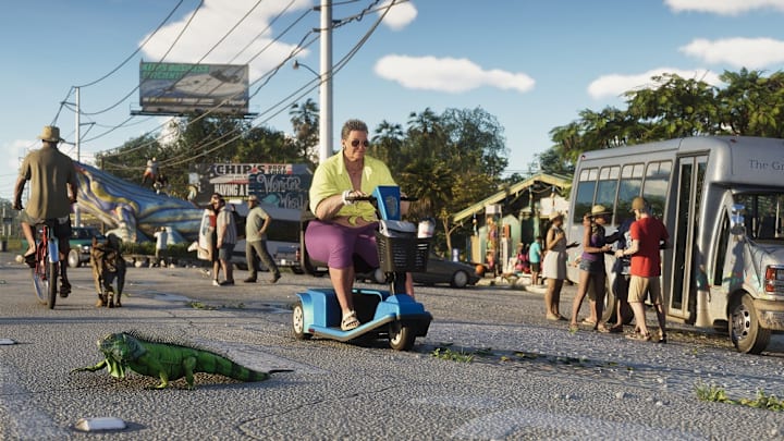 A woman on a mobility scooter rides past an iguana as people mill about in GTA 6. 