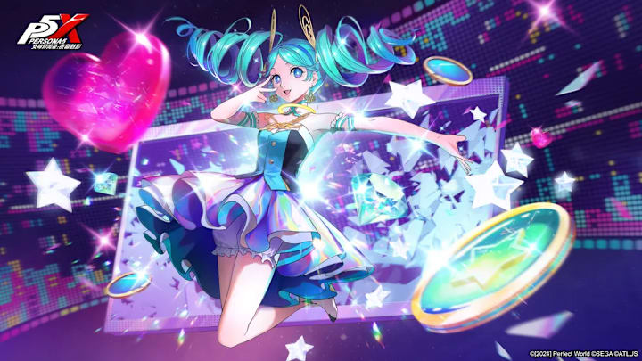 A girl with cyan hair in curly twintails and an idol dress bursting out of a screen.