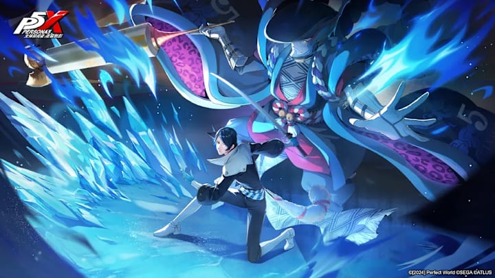 A man in a black outfit with a white collar standing with his sword out as a wave of ice forms around him.