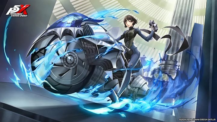 A woman in a black leather jacket ontop of a dark blue bodysuit riding a giant silver motorbike.