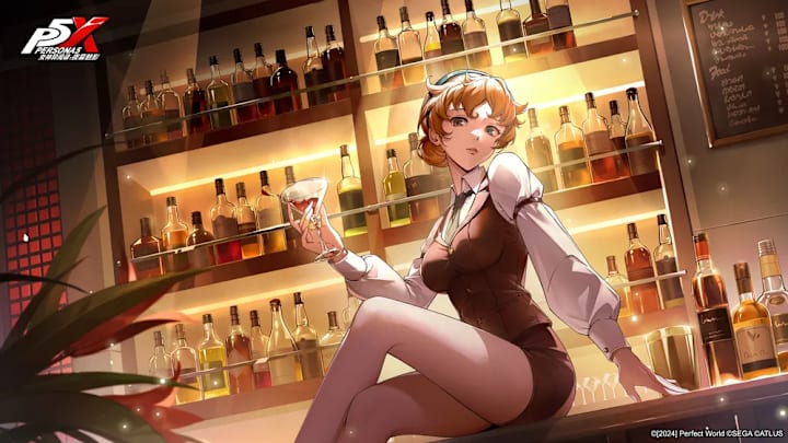 A woman in a bartender's uniform sitting on top of a bar holding a cocktail in her hand.