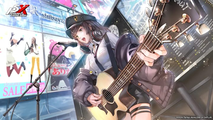 A woman in a school uniform with headphones around her neck playing an acoustic guitar and singing in the street.
