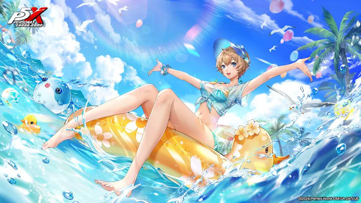 Close in her summer outfit, riding on an inflatable ring in the ocean.