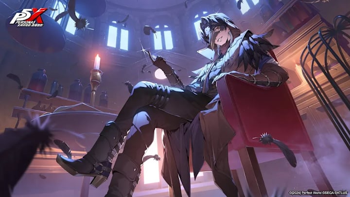 Messa, a man in black clothing with raven feathers, sitting in an arm chair in a circular room with potions on shelves.