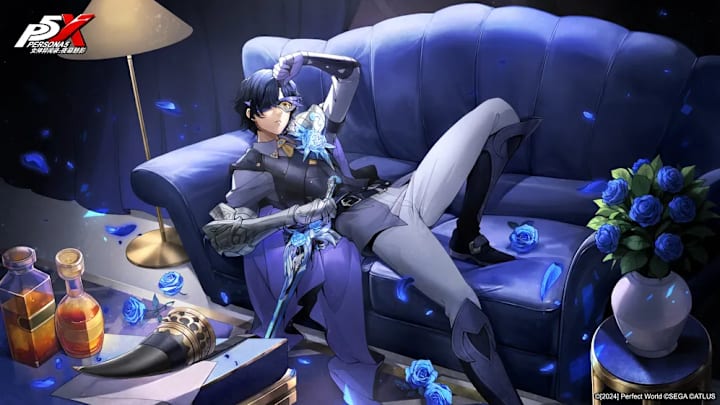 A man in formal gear holding a sword and laying back on a blue sofa, with blue rose petals blowing through the air.