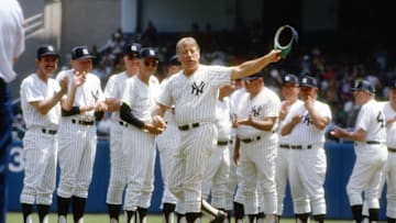 July 13, 1985; Bronx, NY, USA; Mickey Mantle and other former Yankees acknowledge the cheers of the fans during Old Timers Day at Yankee Stadium in New York City on July 13, 1985. The day was dedicated to Joe DiMaggio, and his 50 years of association with the Yankees. Mandatory Credit: Ed Hill-USA TODAY NETWORK