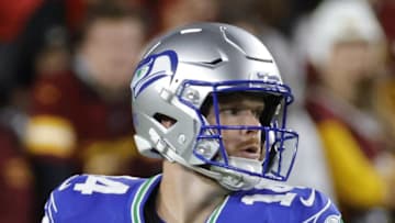 Seattle Seahawks quarterback Sam Darnold throws the ball against the Washington Commanders