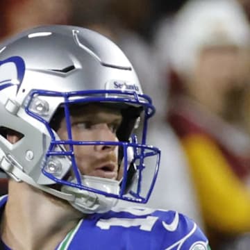 Seattle Seahawks quarterback Sam Darnold throws the ball against the Washington Commanders