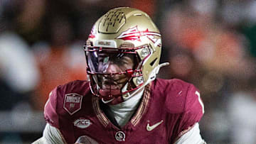 Florida State Seminoles quarterback Tommy Castellanos (1) looks down the field for an open teammate. The Miami Hurricanes defeated the Florida State Seminoles 22-28 at Doak Campbell Stadium on Saturday, Oct. 4, 2025.