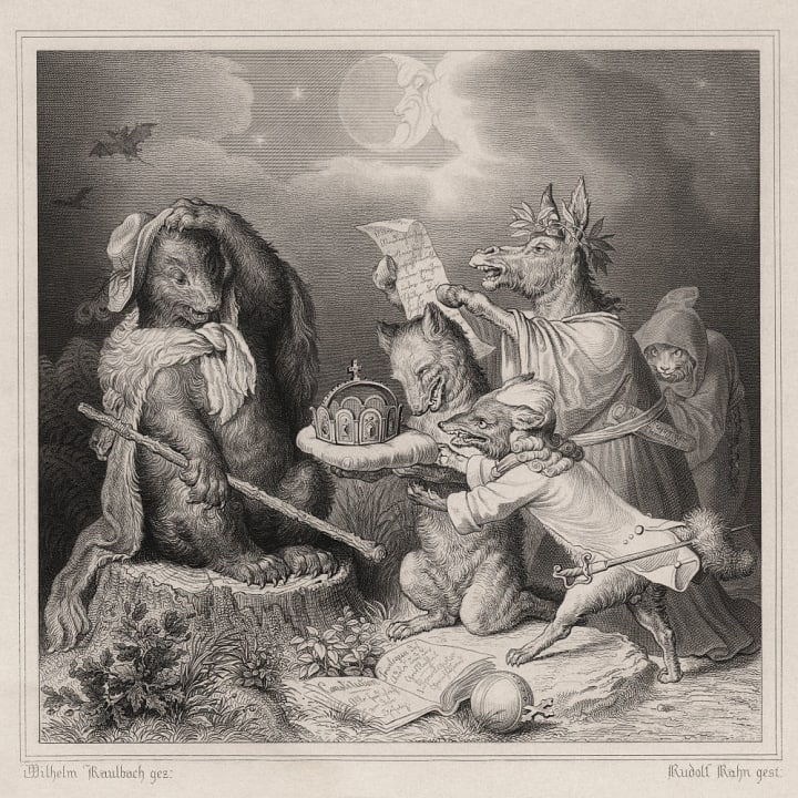 An 1845 engraving showing Reynard the Fox presenting a crown to Bruin Bear.