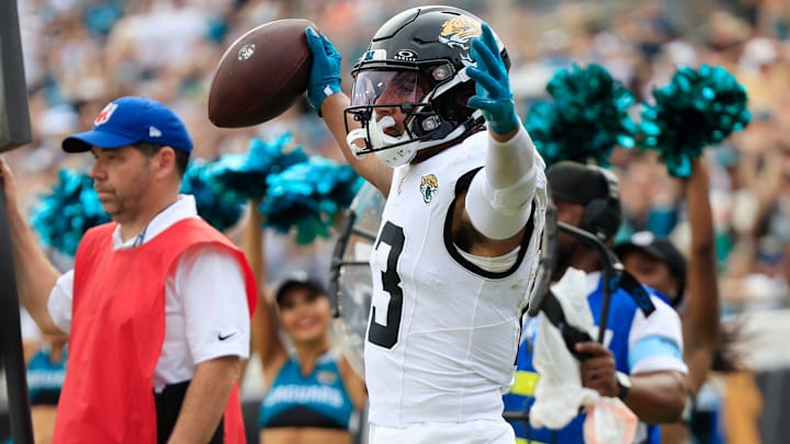 Jacksonville Jaguars wide receiver Christian Kirk (13) reacts to what he thought is a touchdown but ruled an incomplete pass during the fourth quarter of an NFL football matchup Sunday, Sept. 15, 2024 at EverBank Stadium in Jacksonville, Fla. The Browns defeated the Jaguars 18-13. [Corey Perrine/Florida Times-Union]
